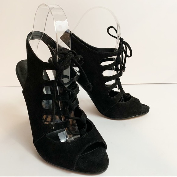 David Dixon Black Velvet Tie Up Front Cage Heel Women’s Size 7 - Picture 13 of 13